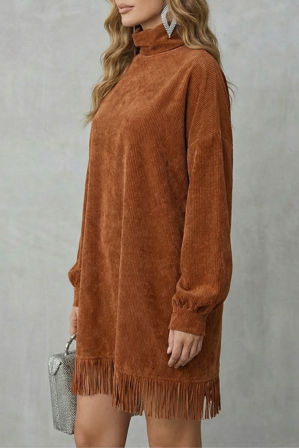 CASTELLAINE | FRINGED CHARM – TURTLENECK MINI DRESS