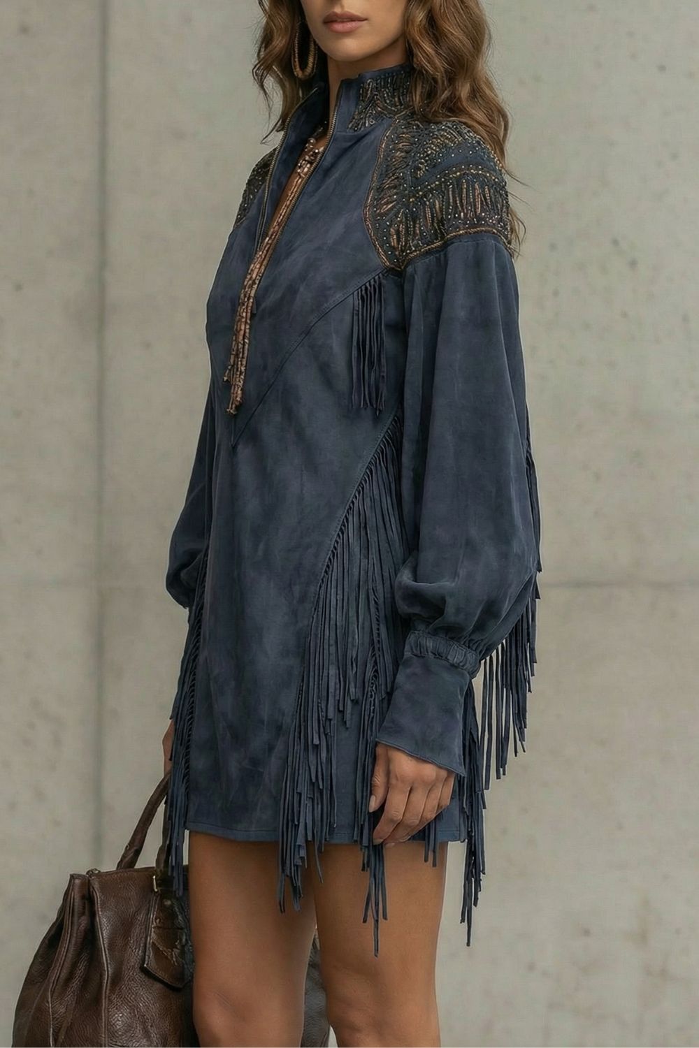CALVETTA | EMBROIDERED FRINGE DETAIL – TUNIC MINI DRESS