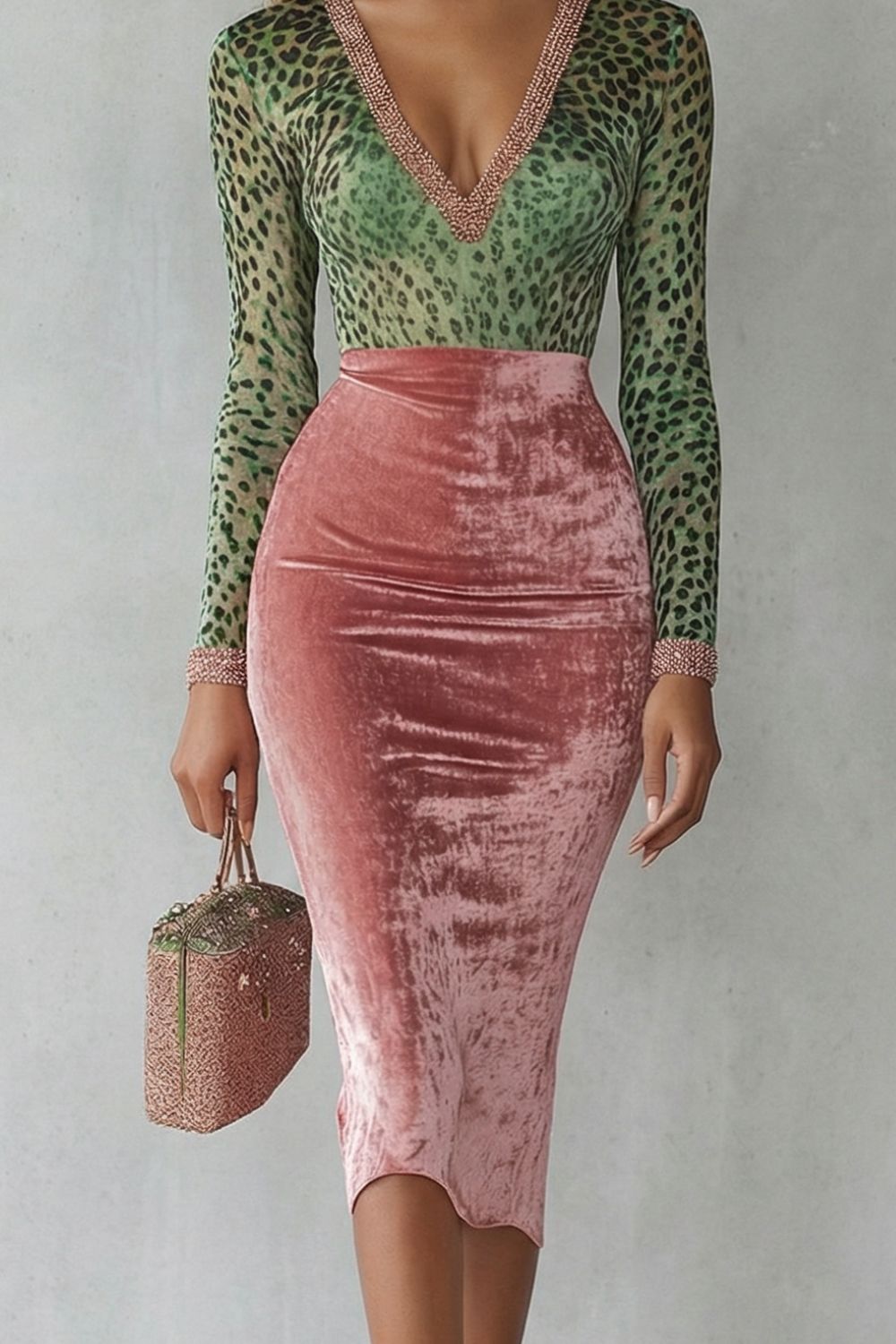 VIRELLINE | LEOPARD VELVET CONTRAST – BODYCON MIDI DRESS
