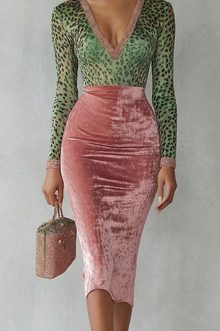 VIRELLINE | LEOPARD VELVET CONTRAST – BODYCON MIDI DRESS