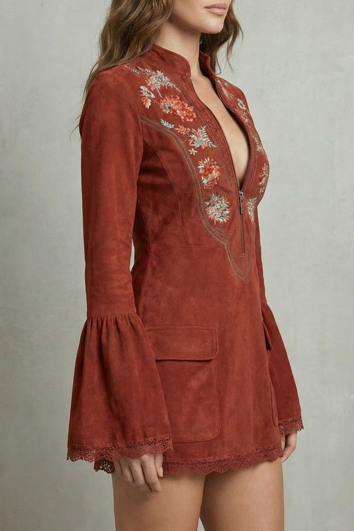 ROSAVINE | EMBROIDERED NECKLINE – SUEDE MINI DRESS