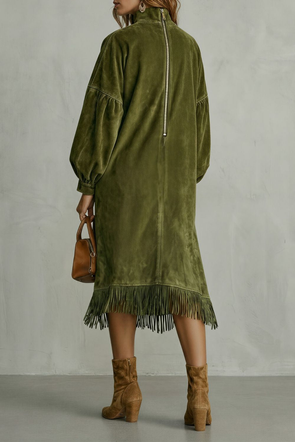 VALDRINA | SUEDE FRINGE DETAIL – MIDI TURTLENECK DRESS