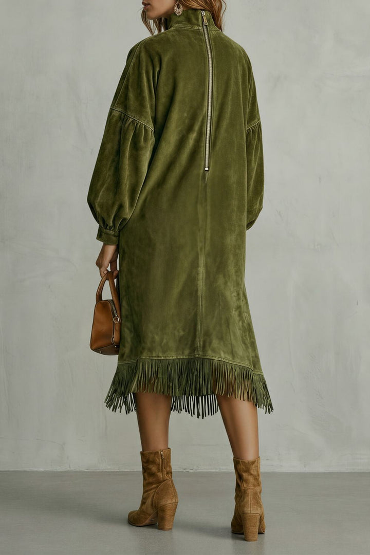 VALDRINA | SUEDE FRINGE DETAIL – MIDI TURTLENECK DRESS
