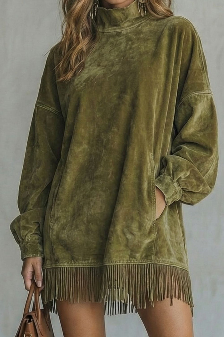 VIRETTA | SUEDE FRINGE DETAIL – TURTLENECK MINI DRESS