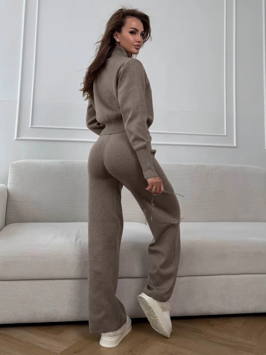 ISLA | KNIT 2 PIECE SET – DRAWSTRING WIDE LEG PANTS WITH ZIP JACKET TOP