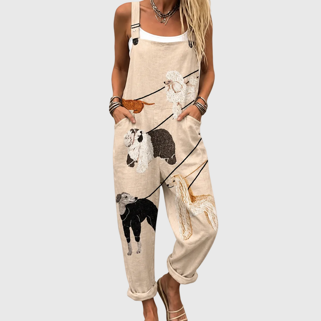 RELAXED OVERALLS WITH ELEGANT DOG PRINT