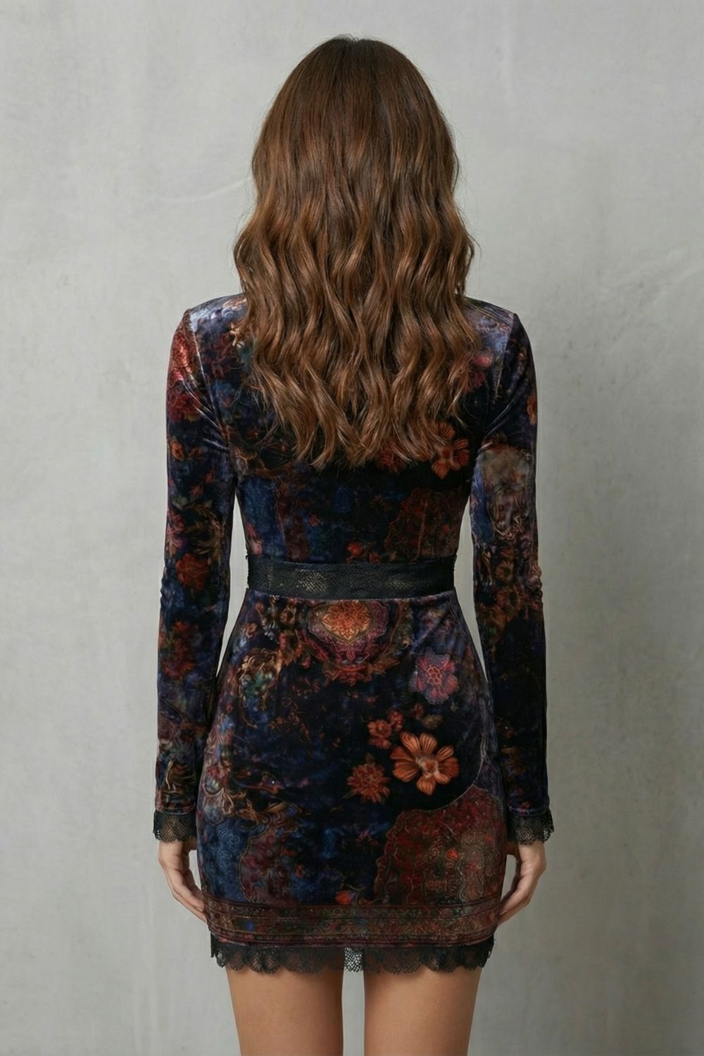 SOLENZA | BAROQUE LACE PLUNGE – VELVET MINI DRESS