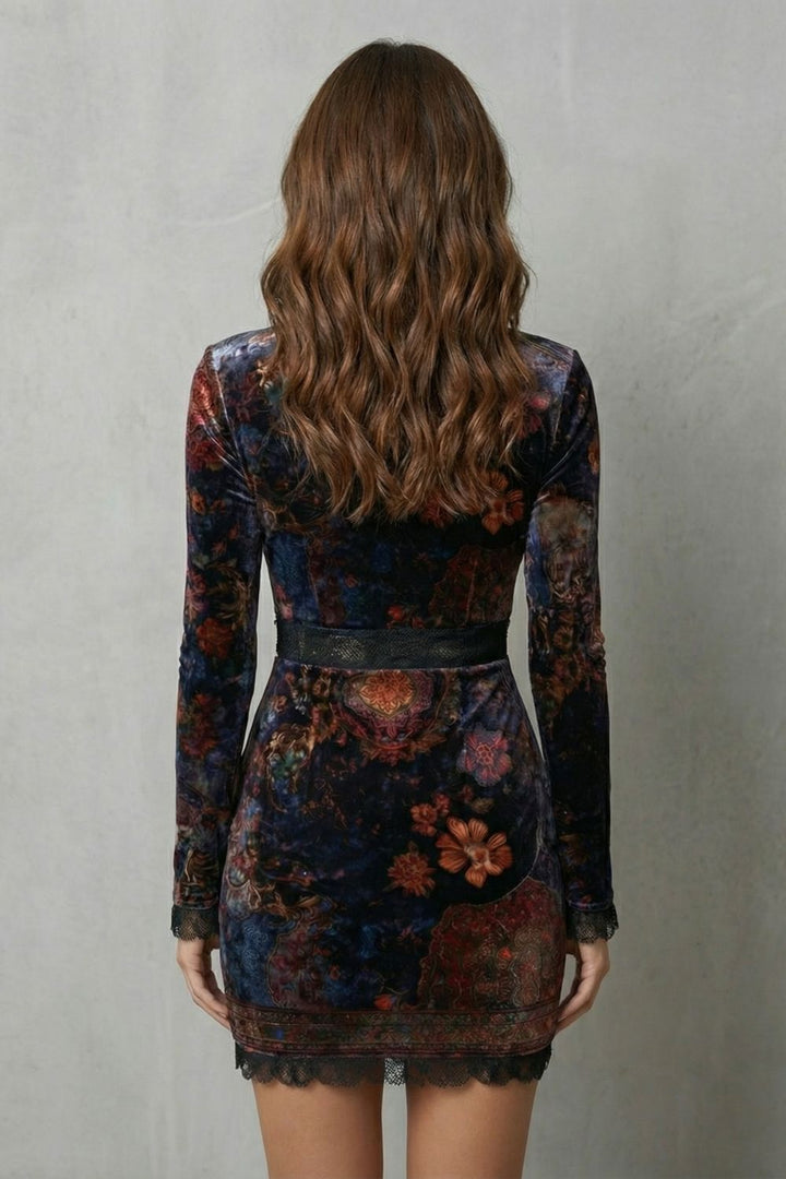 SOLENZA | BAROQUE LACE PLUNGE – VELVET MINI DRESS