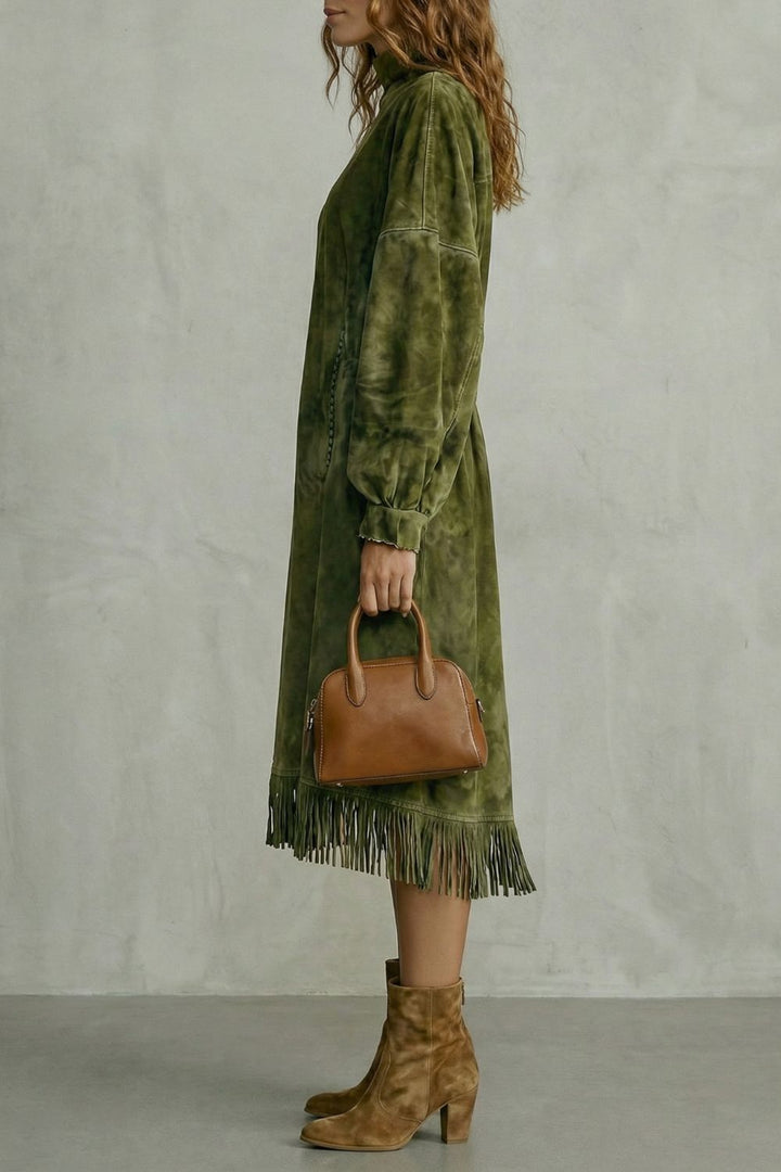VALDRINA | SUEDE FRINGE DETAIL – MIDI TURTLENECK DRESS