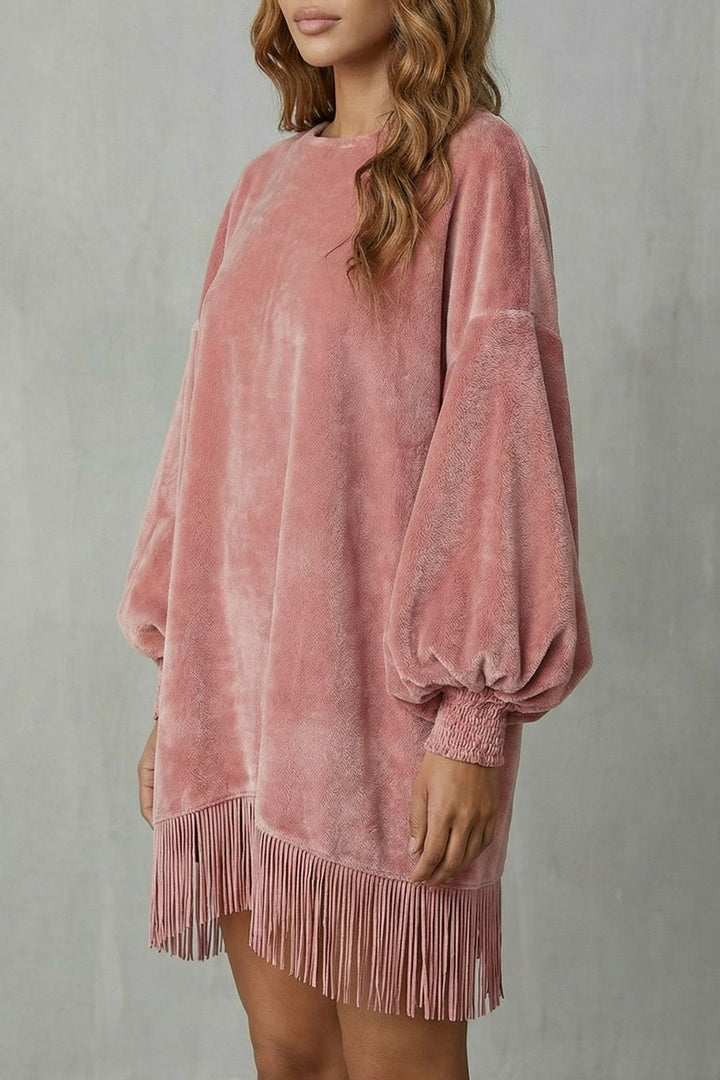 BELLURIE | VOLUMINOUS SLEEVES – FRINGE MINI DRESS
