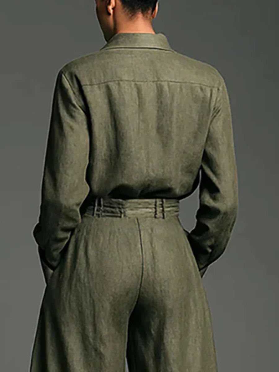 POPPY | LINEN BLEND LAPEL SHIRT AND HIGH WAIST WIDE LEG PANTS SET