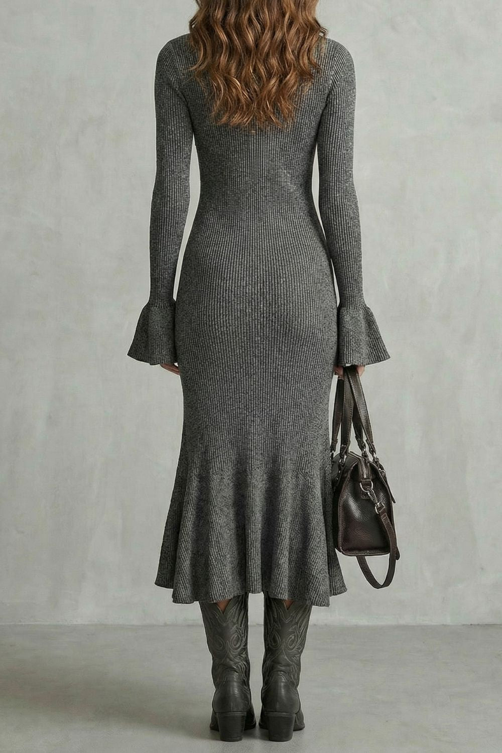 VELORIA | FLARED CUFF ELEGANCE – ZIP MIDI DRESS
