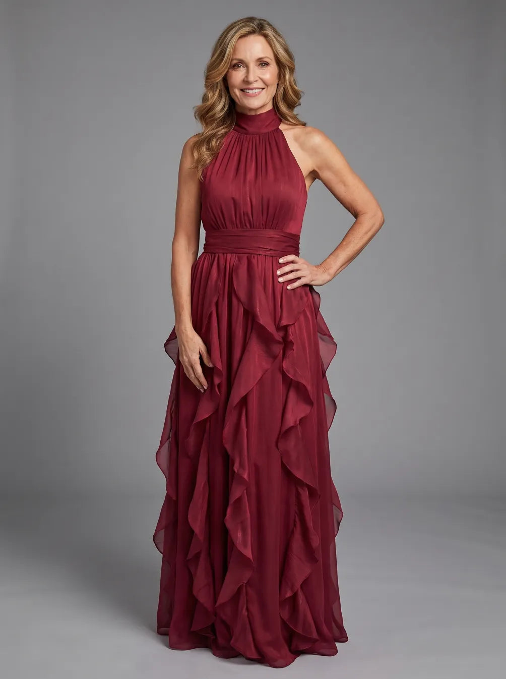 OREA | HIGH NECK GATHERED RUFFLE LAYERS MAXI DRESS