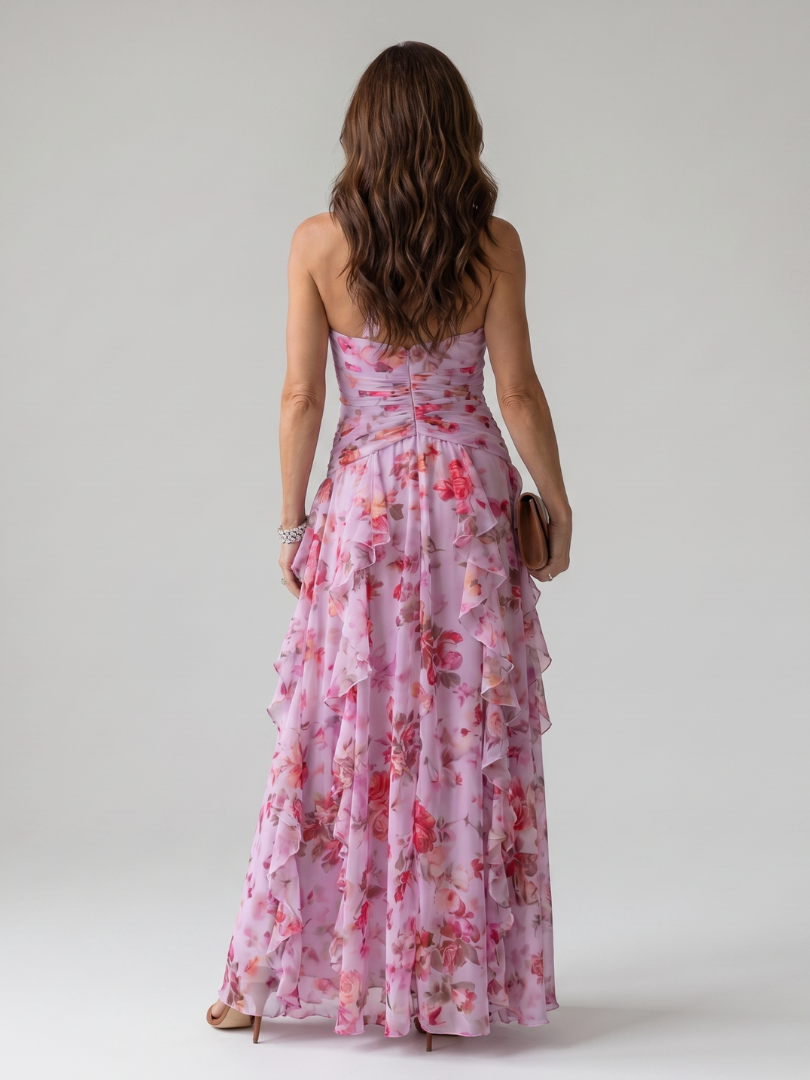 NORI | HALTER NECK RUCHED BODICE FLORAL MAXI DRESS