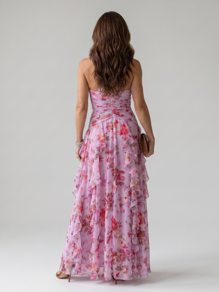 NORI | HALTER NECK RUCHED BODICE FLORAL MAXI DRESS