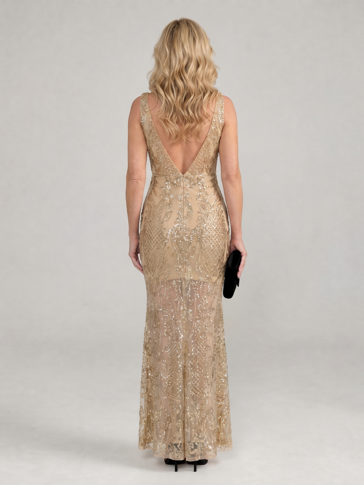 SIREA | SEQUIN SLEELESS SHEER PANEL MIDI DRESS