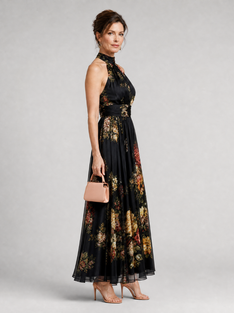 SIOR | FLORAL HALTER NECK MIDI DRESS