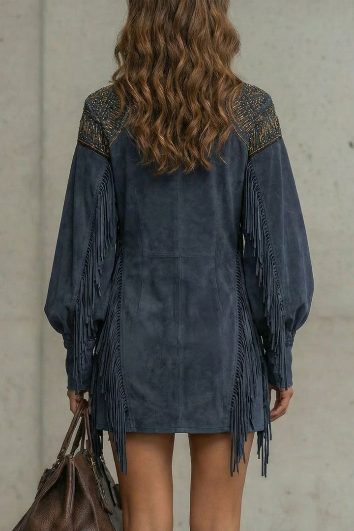 CALVETTA | EMBROIDERED FRINGE DETAIL – TUNIC MINI DRESS
