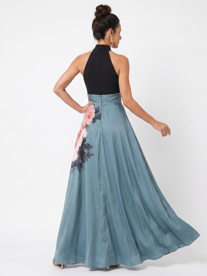 OLYMPAS | HALTER BODICE FLORAL SKIRT MAXI DRESS