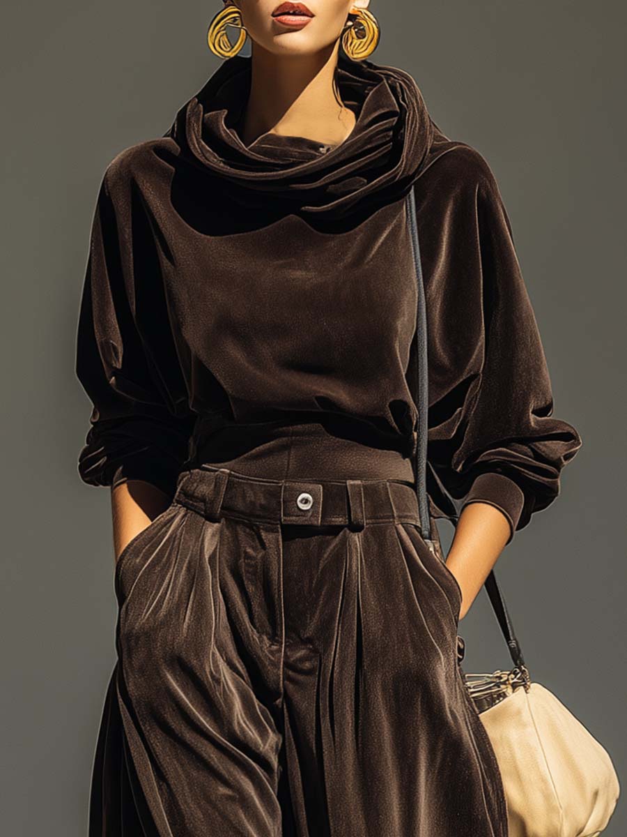 FREYA | VINTAGE BROWN VELVET HOODIE AND LOOSE FITTING TROUSERS SET