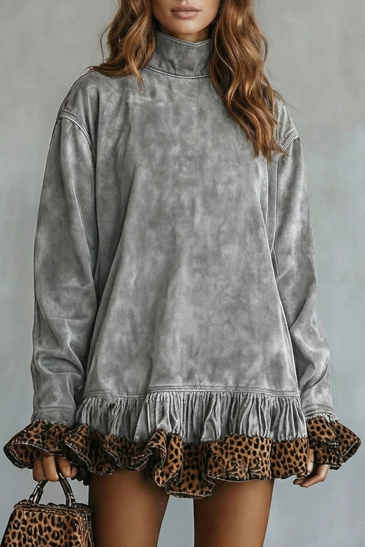 SELVATTA | LEOPARD TRIM RUFFLE – SUEDE MINI DRESS
