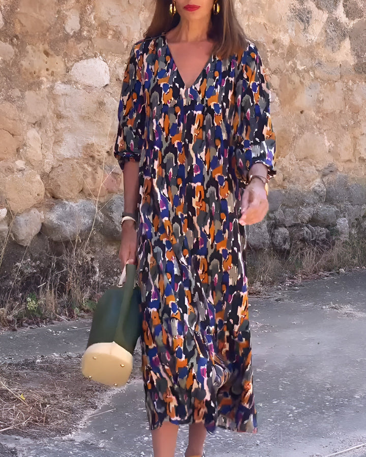 NATHALIE | RETRO PRINTED DRESS WITH V-NECK