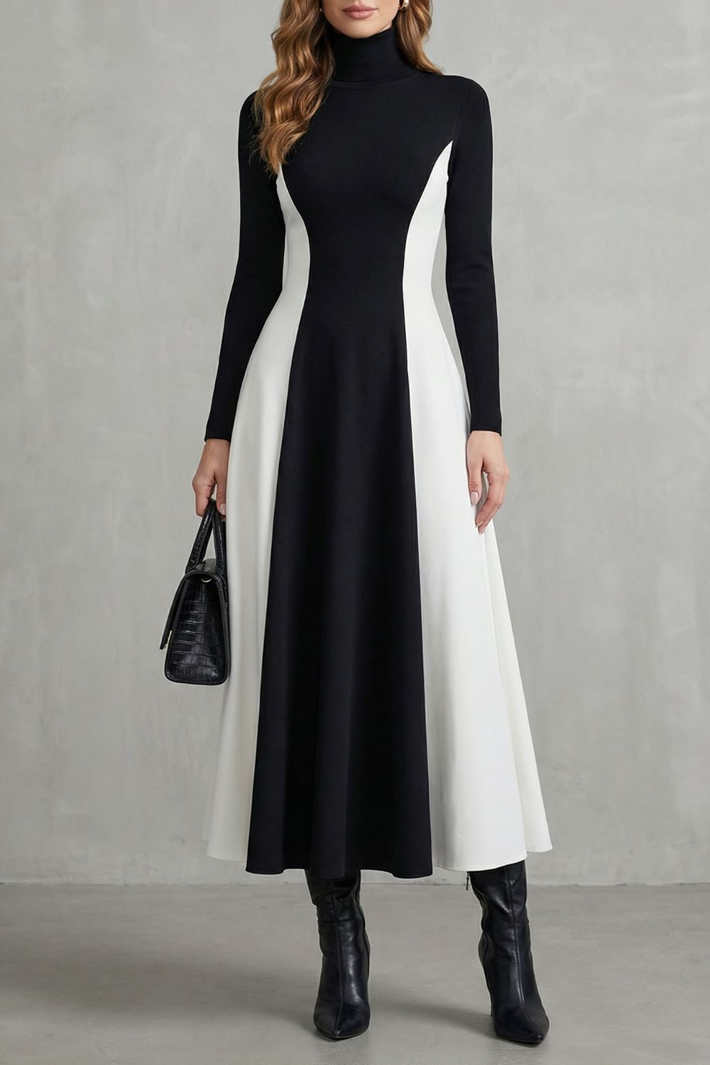 MARIVEILLE | SCULPTED CONTRAST FLOW – TURTLENECK DRESS
