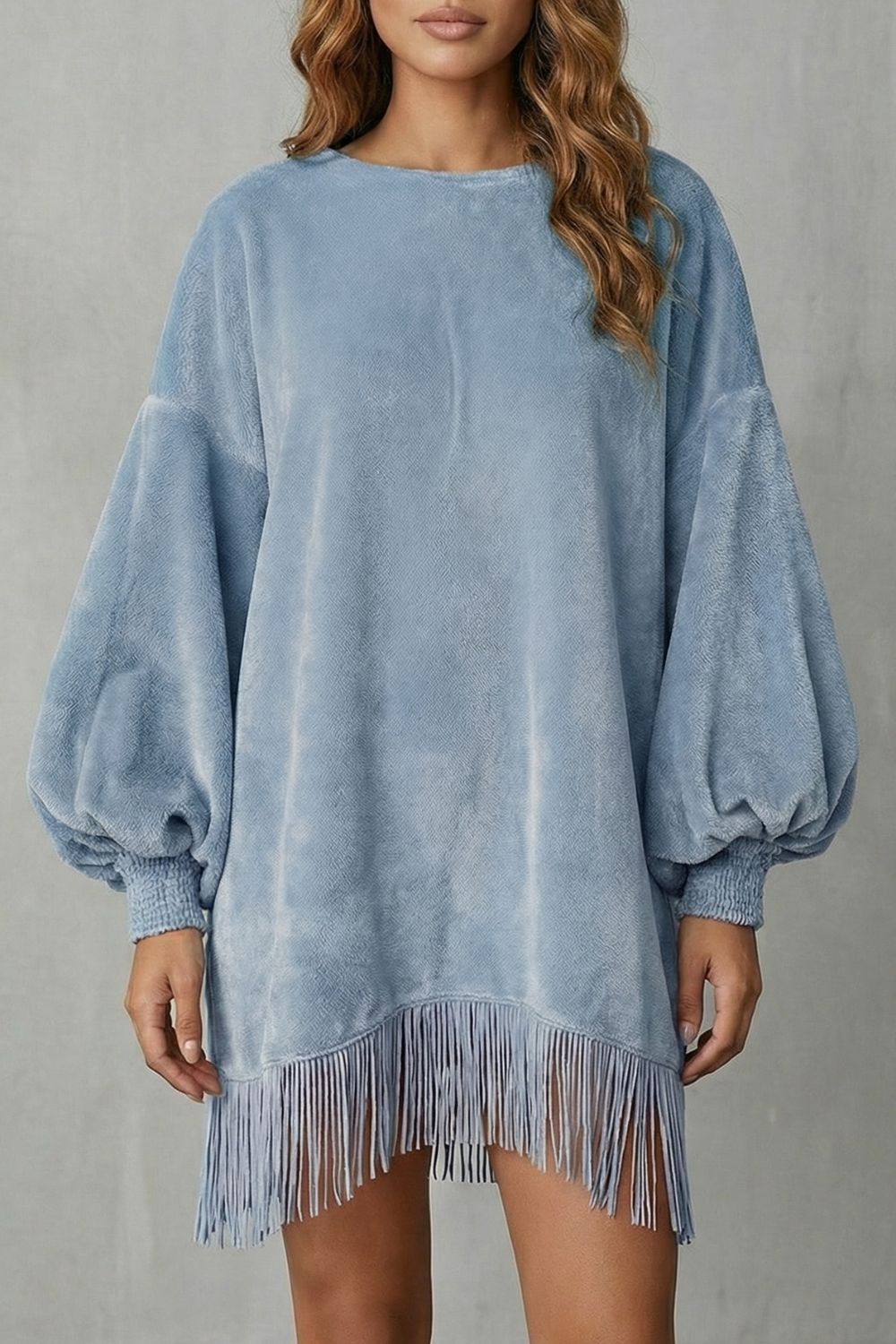 BELLURIE | VOLUMINOUS SLEEVES – FRINGE MINI DRESS
