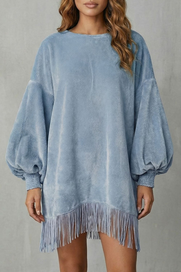 BELLURIE | VOLUMINOUS SLEEVES – FRINGE MINI DRESS