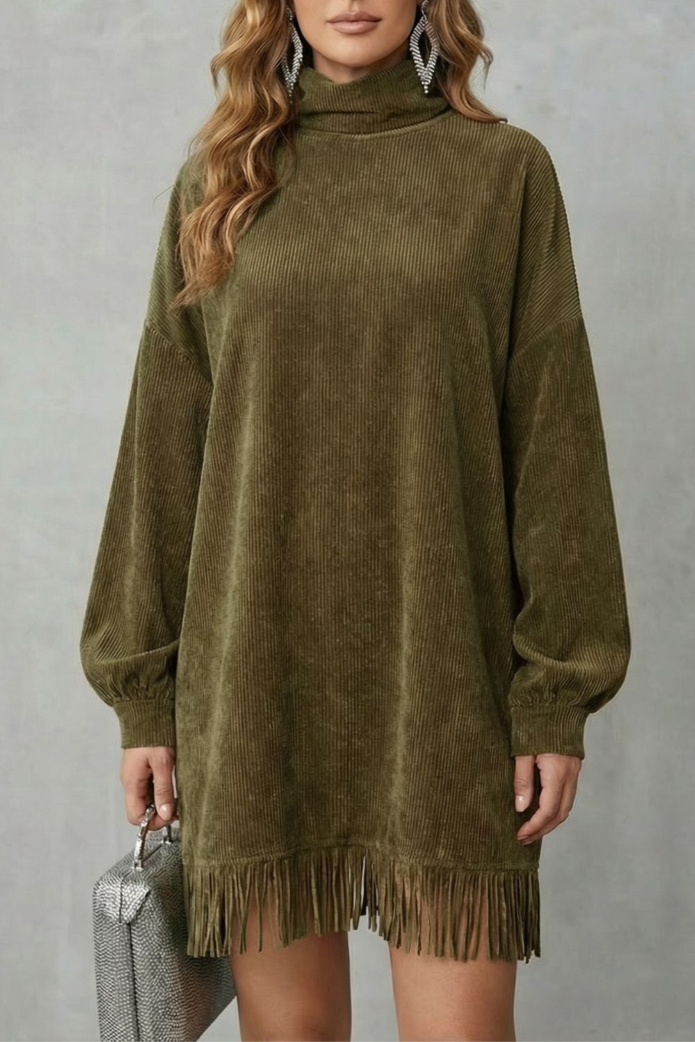 CASTELLAINE | FRINGED CHARM – TURTLENECK MINI DRESS