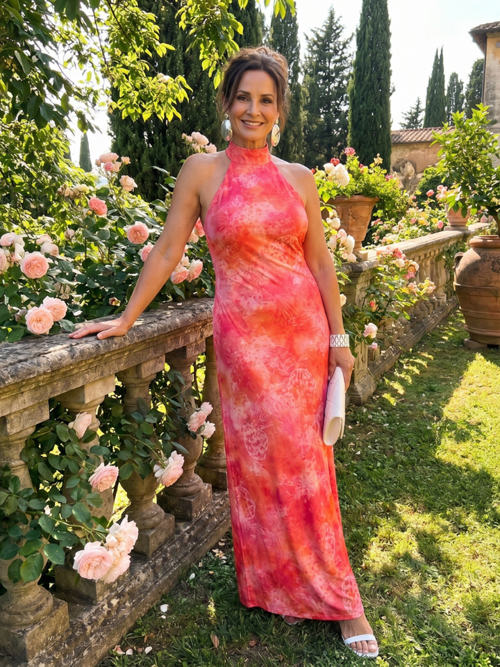 CORALINE | HALTER NECK PRINTED PATTERN MAXI DRESS