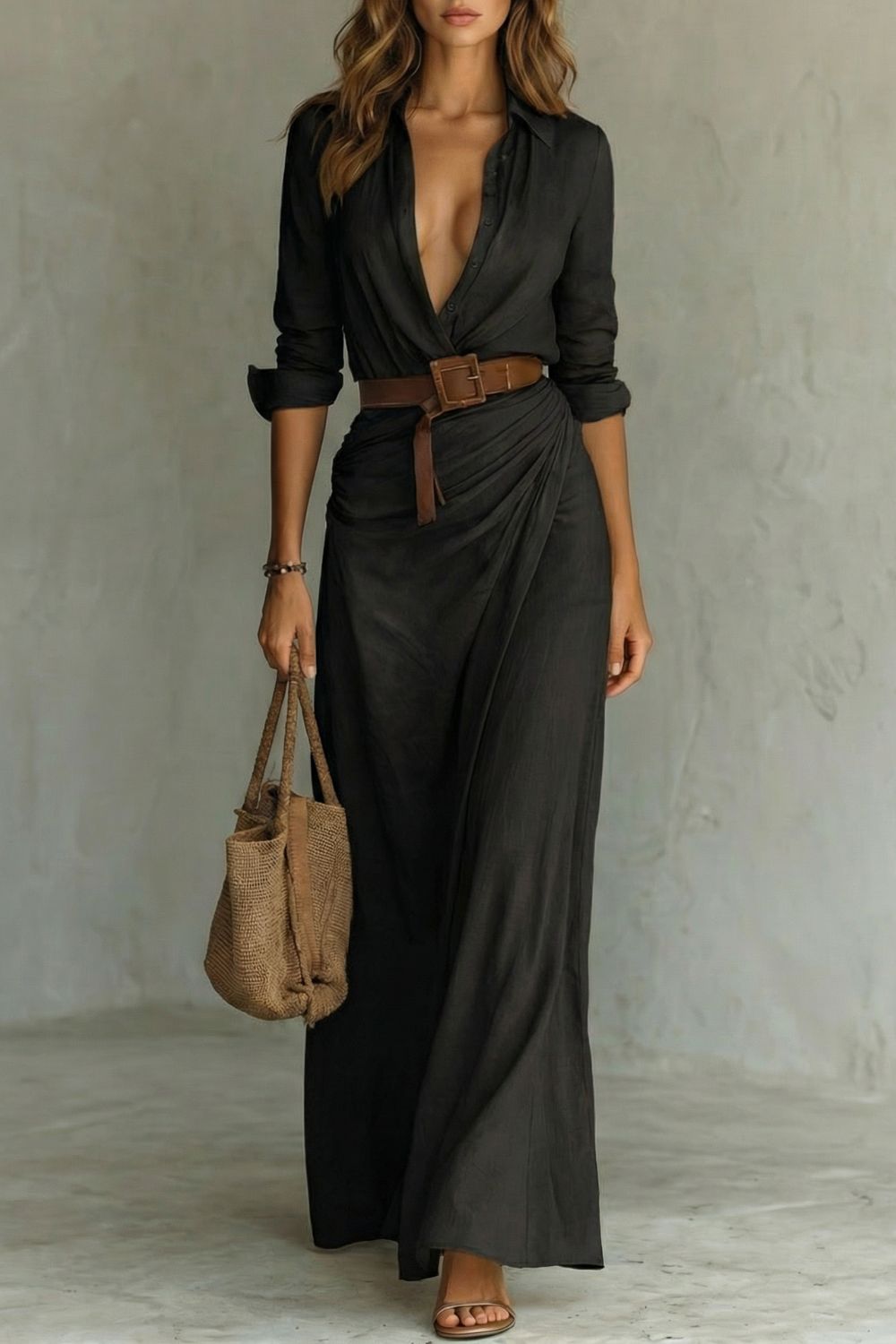AZURA | BUTTON-DOWN WRAP BELTED MAXI DRESS
