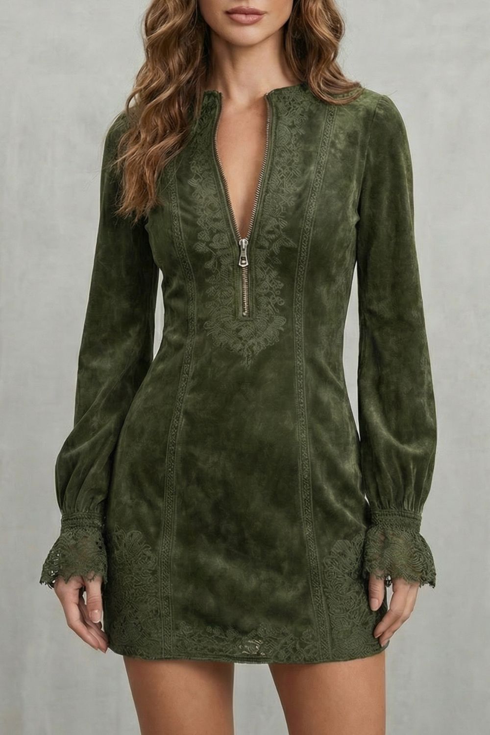 AVENELLE | EMBROIDERED DETAIL – ZIP-FRONT MINI DRESS