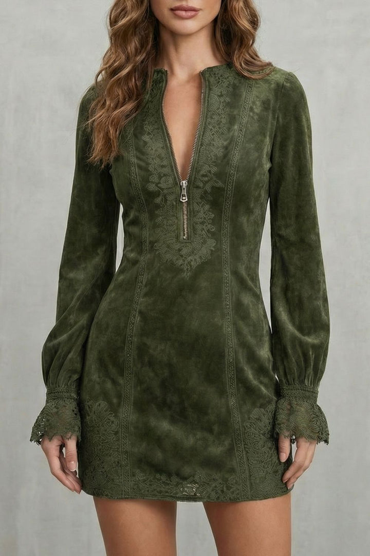 AVENELLE | EMBROIDERED DETAIL – ZIP-FRONT MINI DRESS