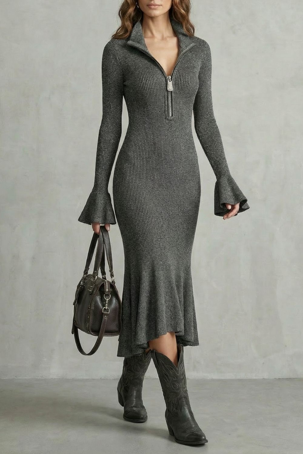 VELORIA | FLARED CUFF ELEGANCE – ZIP MIDI DRESS