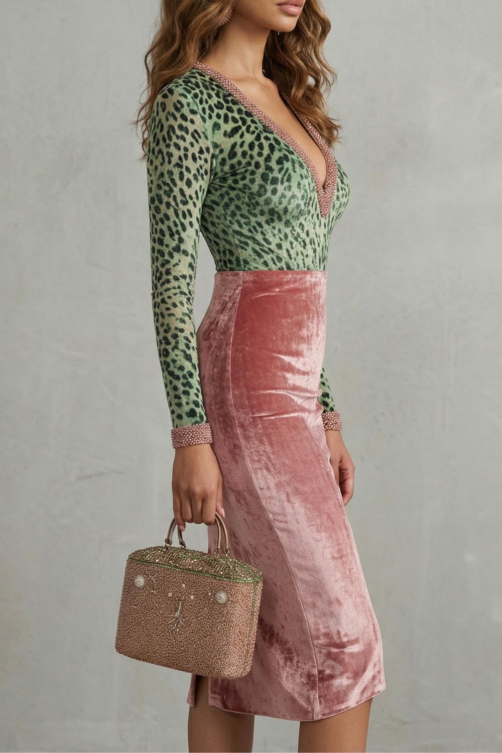 VIRELLINE | LEOPARD VELVET CONTRAST – BODYCON MIDI DRESS