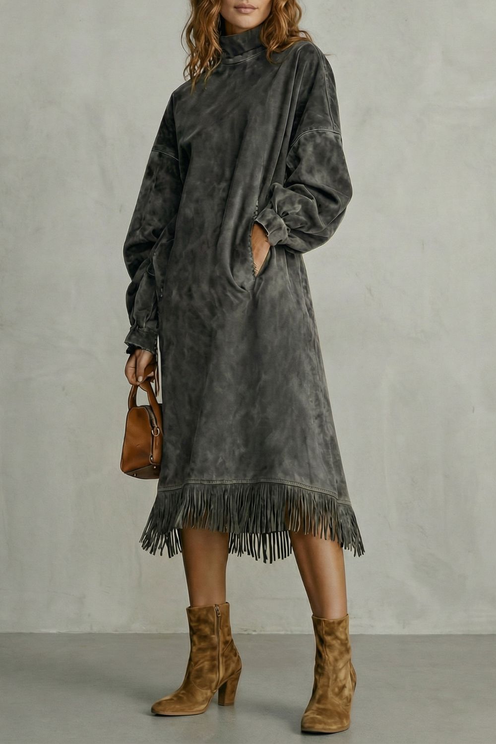 VALDRINA | SUEDE FRINGE DETAIL – MIDI TURTLENECK DRESS