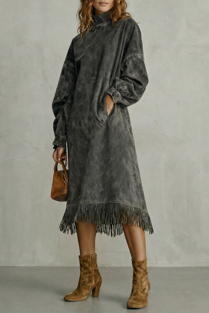 VALDRINA | SUEDE FRINGE DETAIL – MIDI TURTLENECK DRESS