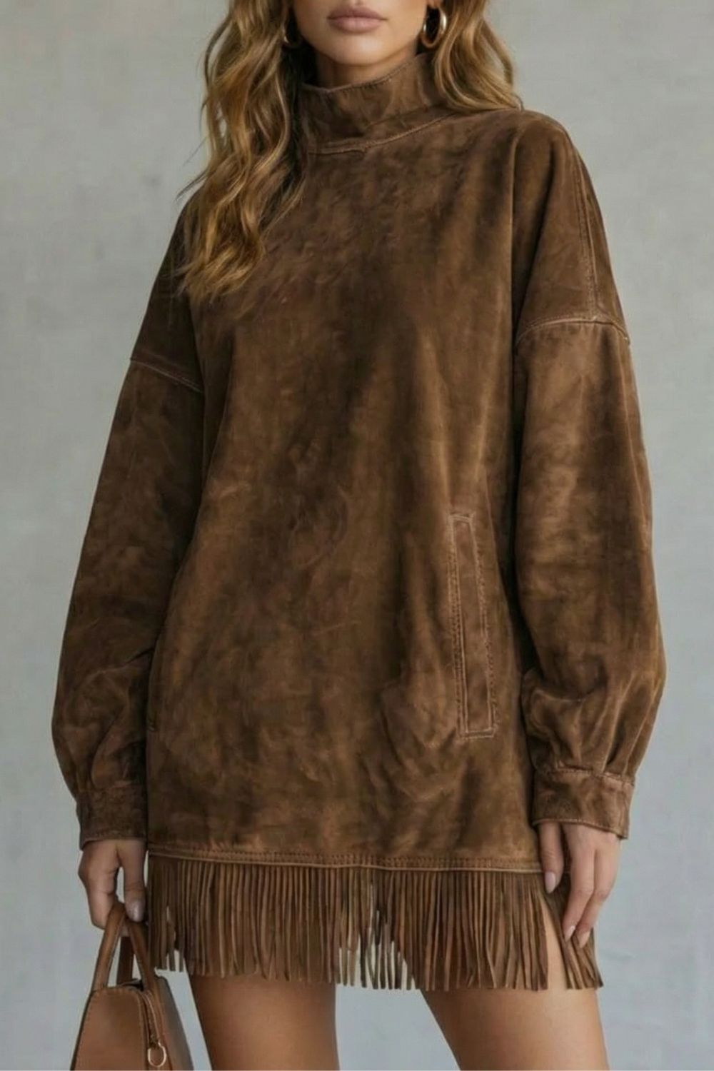 VIRETTA | SUEDE FRINGE DETAIL – TURTLENECK MINI DRESS