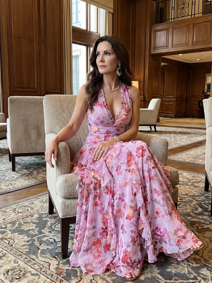 NORI | HALTER NECK RUCHED BODICE FLORAL MAXI DRESS