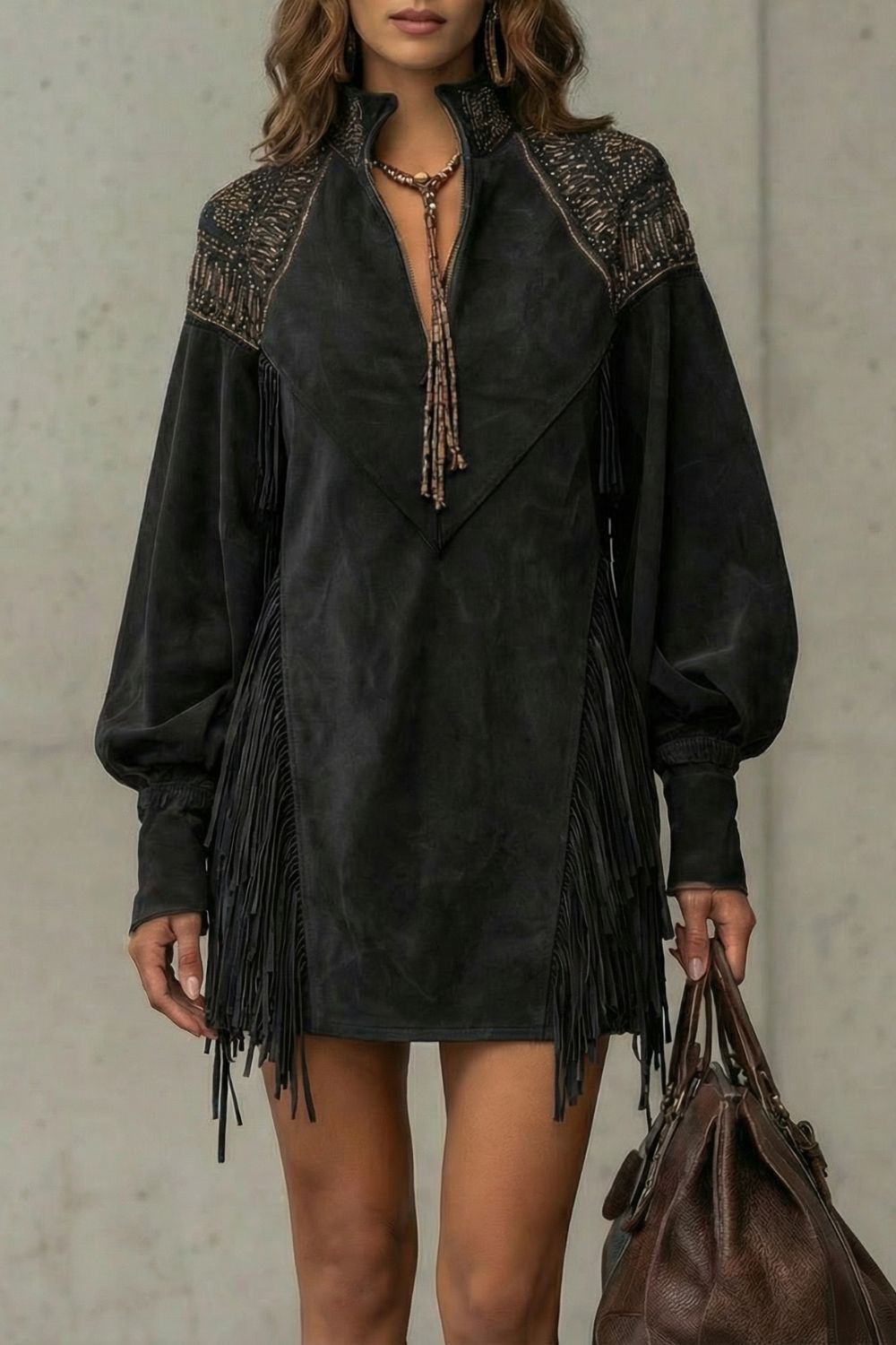 CALVETTA | EMBROIDERED FRINGE DETAIL – TUNIC MINI DRESS