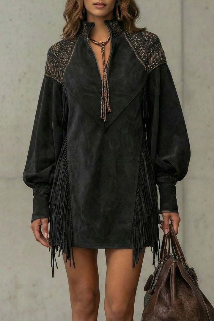 CALVETTA | EMBROIDERED FRINGE DETAIL – TUNIC MINI DRESS