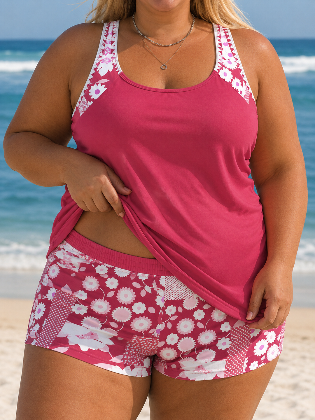 NANET | PLUS SIZE PRINTED TANKINI SHORTS SET