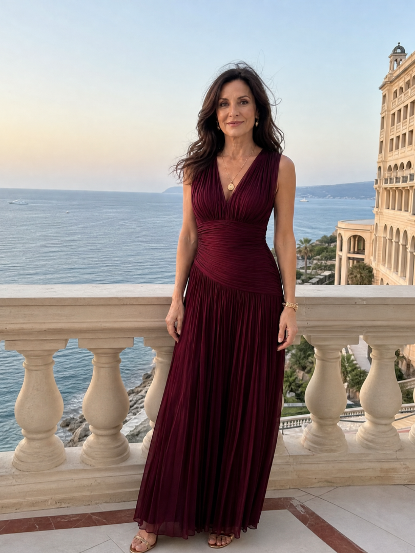 LEMAR | SLEEVELESS PLEATED V NECK MIDI DRESS
