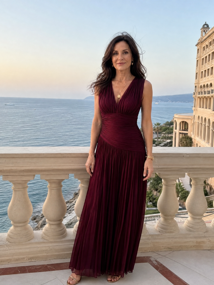 LEMAR | SLEEVELESS PLEATED V NECK MIDI DRESS