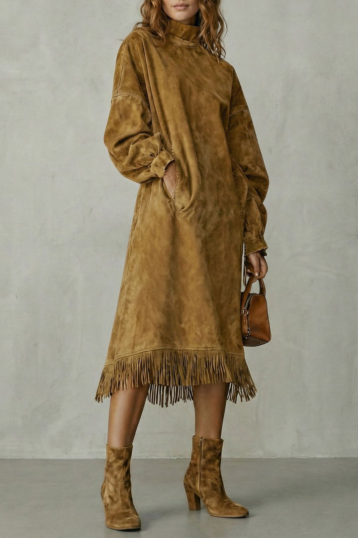 VALDRINA | SUEDE FRINGE DETAIL – MIDI TURTLENECK DRESS