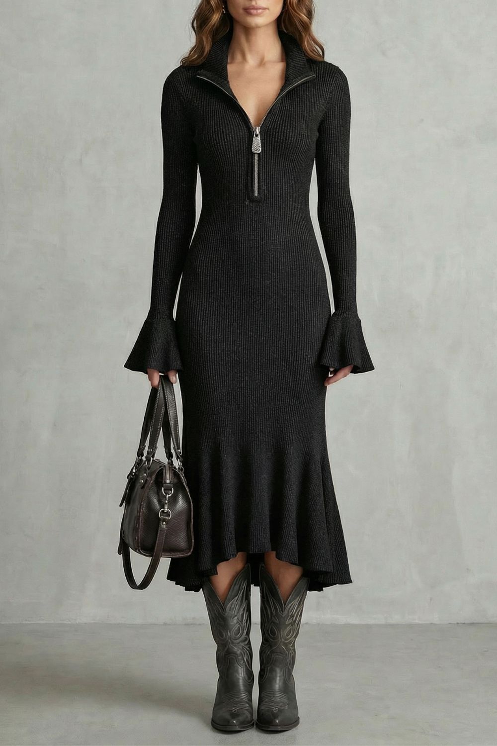 VELORIA | FLARED CUFF ELEGANCE – ZIP MIDI DRESS