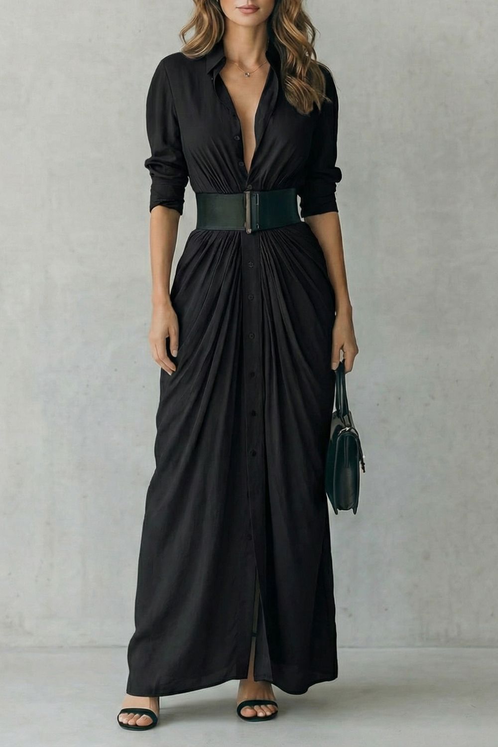 SOLENZIA | BUTTONED DRAPED MAXI DRESS