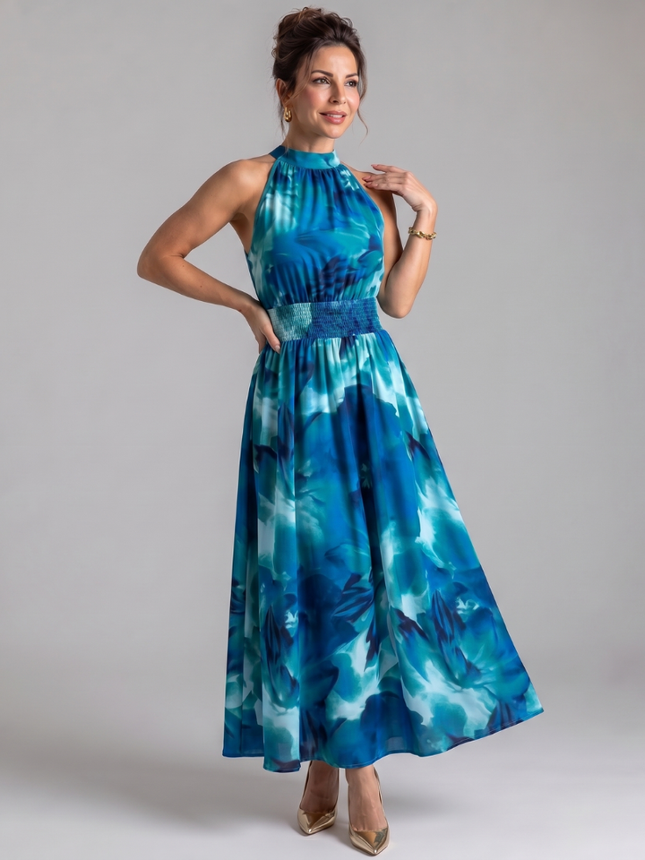 OLIVIA | GATHERED WAIST ABSTRACT PRINT MIDI DRESS