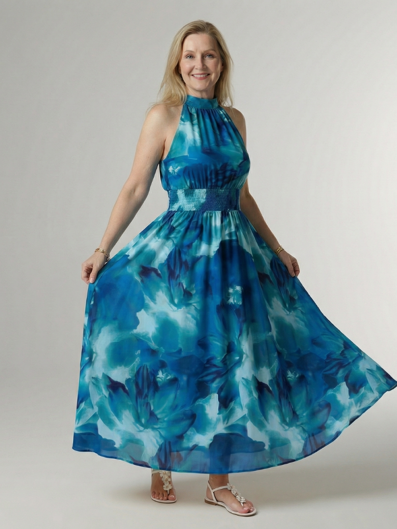 SYLIN | GATHERED HALTER MIDI DRESS
